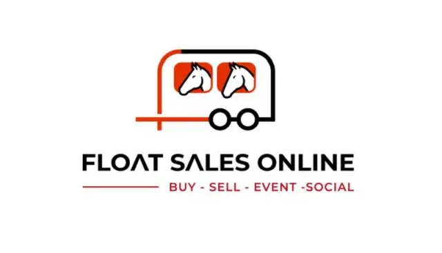 Float Sales Online logo featuring a horse float trailer with two horse heads and tagline buy sell event social