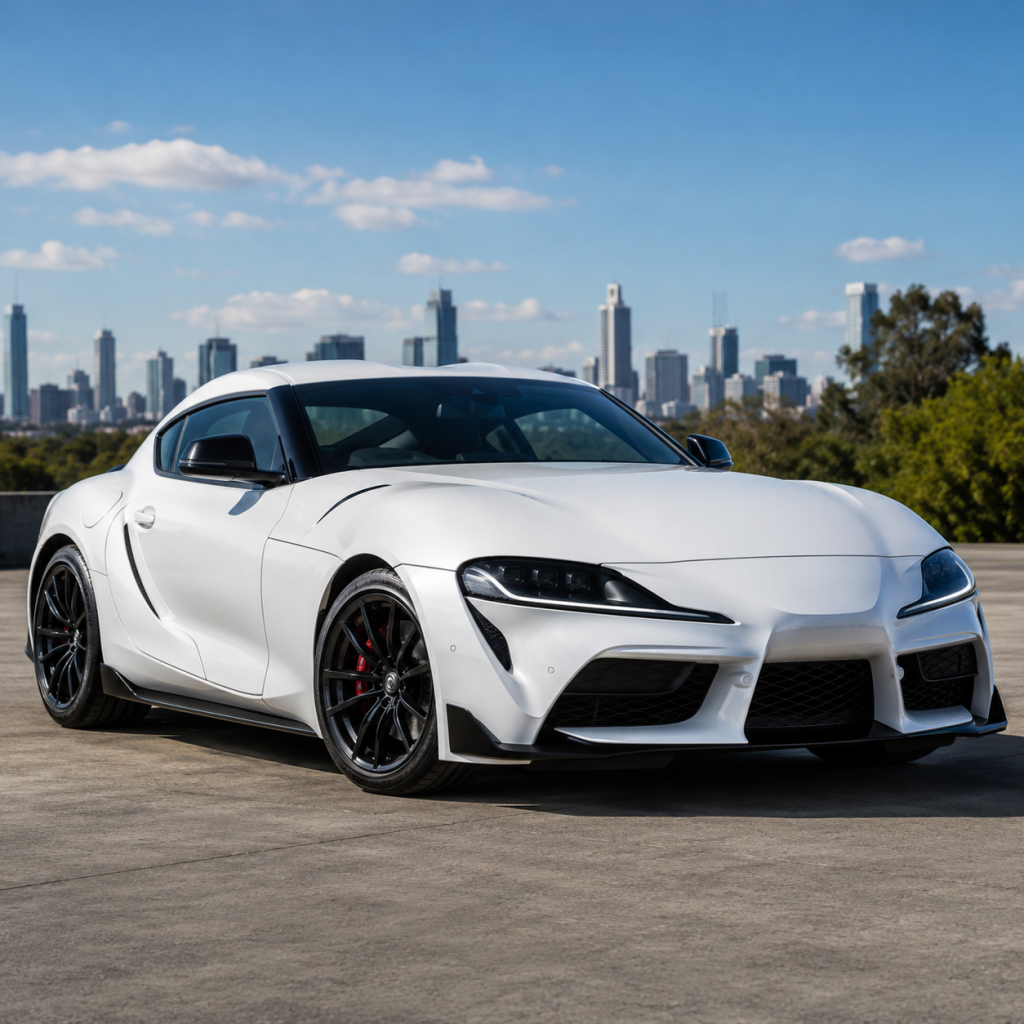 White Toyota Supra SZ-R style sports coupe parked on an open concrete forecourt with a modern city skyline in the background, shown without badges or logos.