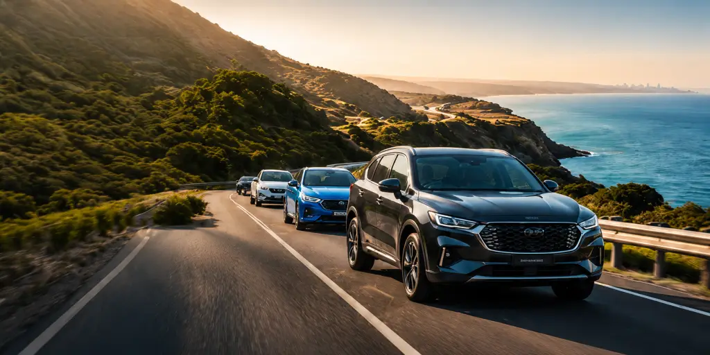 Car finance customer success stories hero image showing a convoy of modern vehicles driving along a scenic Australian coastal road, representing Australians who have compared car loan options through iCREDIT.